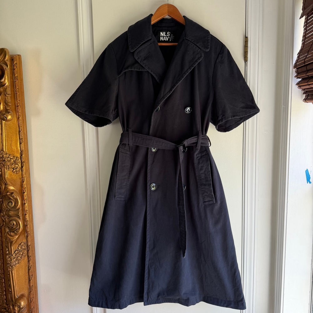 NLST Navy Short Sleeve Trench Coat Japanese Cotton Belted Double Breasted Large